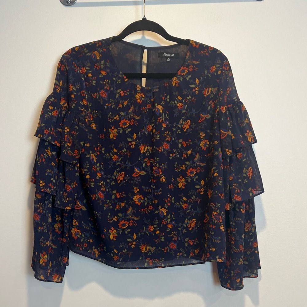 Madewell Long Sleeve Floral Shirt Tiered Flare sleeve SZ Medium